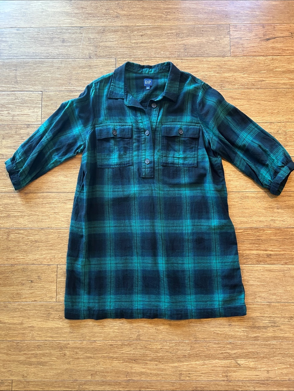 GAP Women's Teal and Black Plaid Button-Down Tunic